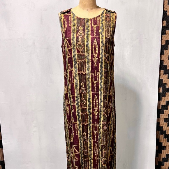 VINTAGE 90s earthy tribal long maxi dress sleeveless sundress Aztec native boho - Picture 8 of 11
